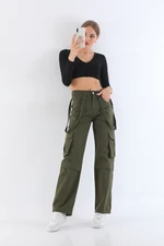 BİKELİFE Women's Khaki High Waist Multi-Pocket Strap Detail Straight Fit Cargo Pants