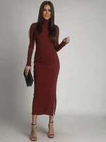 Burgundy turtleneck maxi dress with side slit