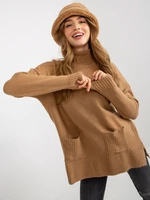 Camel long oversize sweater with pockets and turtleneck