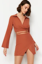 Trendyol Brown Belted Knitted Tie Blouse and Skirt Set