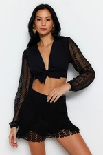 Trendyol Black Crop Tie Bound 100% Cotton Blouse