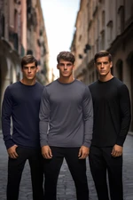 Trendyol Black-Navy Blue-Anthracite pánsky bežný/normálny strih dlhý rukáv 3-pack základné tričko zo 100% bavlny