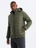 Ombre Men's quilted bomber jacket with high collar - dark olive green