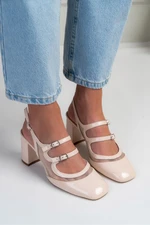 NİŞANTAŞI SHOES Fairose Beige Patent Leather Belt Detail Ankle Tied Women's Thick Heeled Shoes