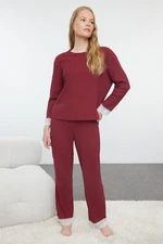 Trendyol Burgundy Ribbon/Bow and Lace Detailed Ribbed Knitted Pajama Set