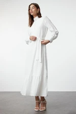 Trendyol Ecru Linen Look Woven Dress with Ruffled Belted Skirt