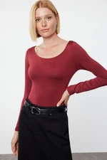 Trendyol Dark Cherry Fitted Long Sleeve Bateau Neck Stretchy Snap Fastener Knitted Bodysuit