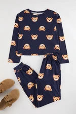 Trendyol Navy Blue 100% Cotton Teddy Bear Patterned Knitted Pajama Set