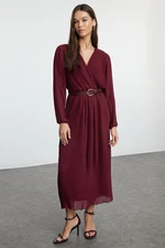 Trendyol Burgundy Belted A-Line Pleated Maxi Lined Chiffon Woven Dress