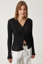 Happiness İstanbul Women's Black Polo Collar Summer Openwork Knitwear Cardigan