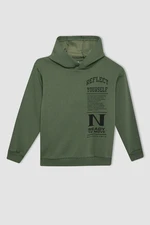 DEFACTO Boy's Khaki Printed Hooded Sweatshirt