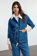 Trendyol Blue Furry Plush Denim Jacket