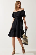 Happiness İstanbul Women's Black Carmen Collar Belted Summer Muslin Dress