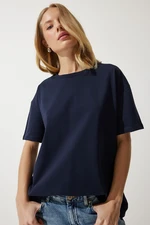 Happiness İstanbul Women's Navy Blue Loose Basic Cotton T-Shirt