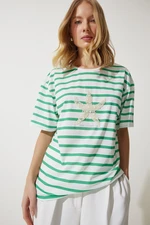 Happiness İstanbul Women's Green White Striped Star Pearl Embroidered Oversize Knitted T-Shirt