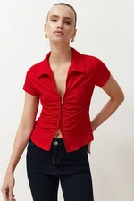 Trendyol Red Regular/Normal Fit Polo Neck Gather/Drape Detailed Zippered Knitted Blouse