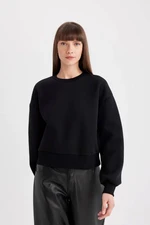 DEFACTO Black Boxy Fit Crew Neck Thick Basic Plain Sweatshirt