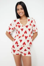 Trendyol Ecru 100% Cotton Heart Tshirt-Shorts Knitted Pajama Set