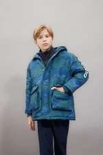 DEFACTO Boy's Water Repellent Hooded Zippered Snap Closure Pocket Coat Parka