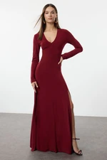 Trendyol Claret Red Plain Limited Edition V Neck Skater/Waist Open Flexible Maxi Knit Dress