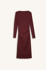 DEFACTO Bodycon Bodycon Half Turtleneck Basic Plain Crepe Long Sleeve Midi Burgundy Dress