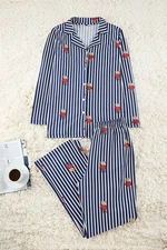 Trendyol Curve Navy Blue Striped Teddy Bear Patterned Shirt Collar Knitted Pajama Set