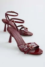 Shoeberry Women's Marlen Claret Red Patent Leather Belt Buckle Heeled Shoes