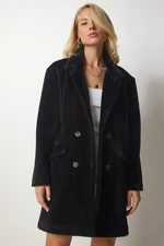 Happiness İstanbul Women's Black Rabbit Hair Look Oversize Coat