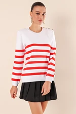 Bigdart 15820 Button Detail Striped Sweater - C.red