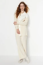 Trendyol Light Beige Color Block Ribbed Cardigan-Pants Knitwear Top-Top Set