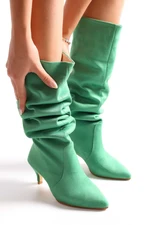 Shoeberry Women's Pia Green Suede Gathered Heel Boots Green Suede