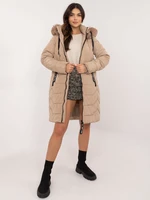 Beige women's winter jacket with fur