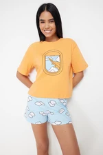 Trendyol Orange 100% Cotton Cloud Patterned Tshirt-Shorts Knitted Pajama Set