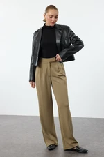 Trendyol Dark Khaki Velcro Closure High Waist Pleated Wide Leg/Wide Cut Trousers