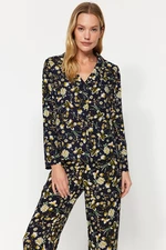 Trendyol Black Floral Pattern Viscose Shirt-Pants Woven Pajamas Set