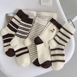 5Pairs/Set Autumn Winter Striped Cotton Socks Women Retro Korean Cartoon Bear Middle Tube Socks Casual Sports Indoor Sock Sokken