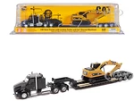 Kenworth T880 SBFS Sleeper Tandem Tractor Black with Lowboy Trailer and CAT 320D L Hydraulic Excavator Yellow 1/87 (HO) Diecast Model by Diecast Mast