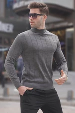 Madmext Anthracite Slim Fit Half Turtleneck Striped Anti-Pilling Men's Knitwear Sweater 6344