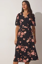 Happiness İstanbul Women's Black Pink Patterned Wrapped Viscose Dress