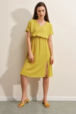 Bigdart 2378 V-Neck Knitted Dress with Slits - Yellow