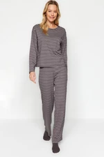 Trendyol Dark Gray 100% Cotton Striped T-shirt-Pants Knitted Pajamas Set