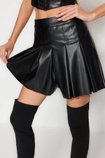 Trendyol Black Pleated Faux Leather Short Skirt