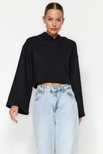 Trendyol Black Thick Fleece Inside Comfort Fit Crop Spanish Sleeve Hooded Knitted Sweatshirt