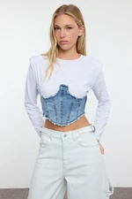 Trendyol Blue Woven Garnished Fitted/Body-Smoothing Knitted Blouse