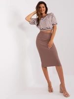 Dark beige casual ensemble with a striped blouse