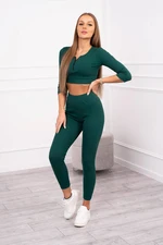 Žebrovaný crop top set tmavě zelené barvy