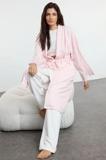 Trendyol Pink Belted 100% Cotton Striped Knitted Dressing Gown