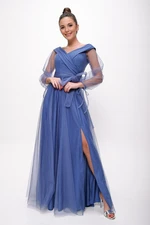 By Saygı Dark Blue Laced Balloon Sleeve Tulle Long Evening Dress