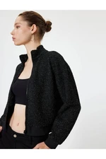 Koton Bomber Cardigan Glittered Stand Collar Zippered Ribbed