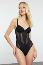 Trendyol Black Micro Tulle Detailed Snap Knit Bodysuit